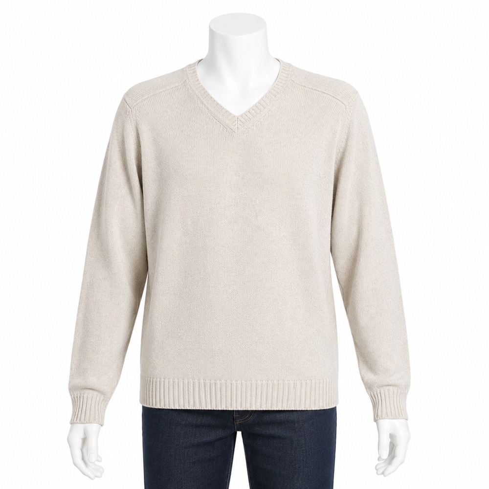 J. Ashford V-Neck Sweater Men Medium Beige 100% Cashmere Ribbed Trim Long Sleeve